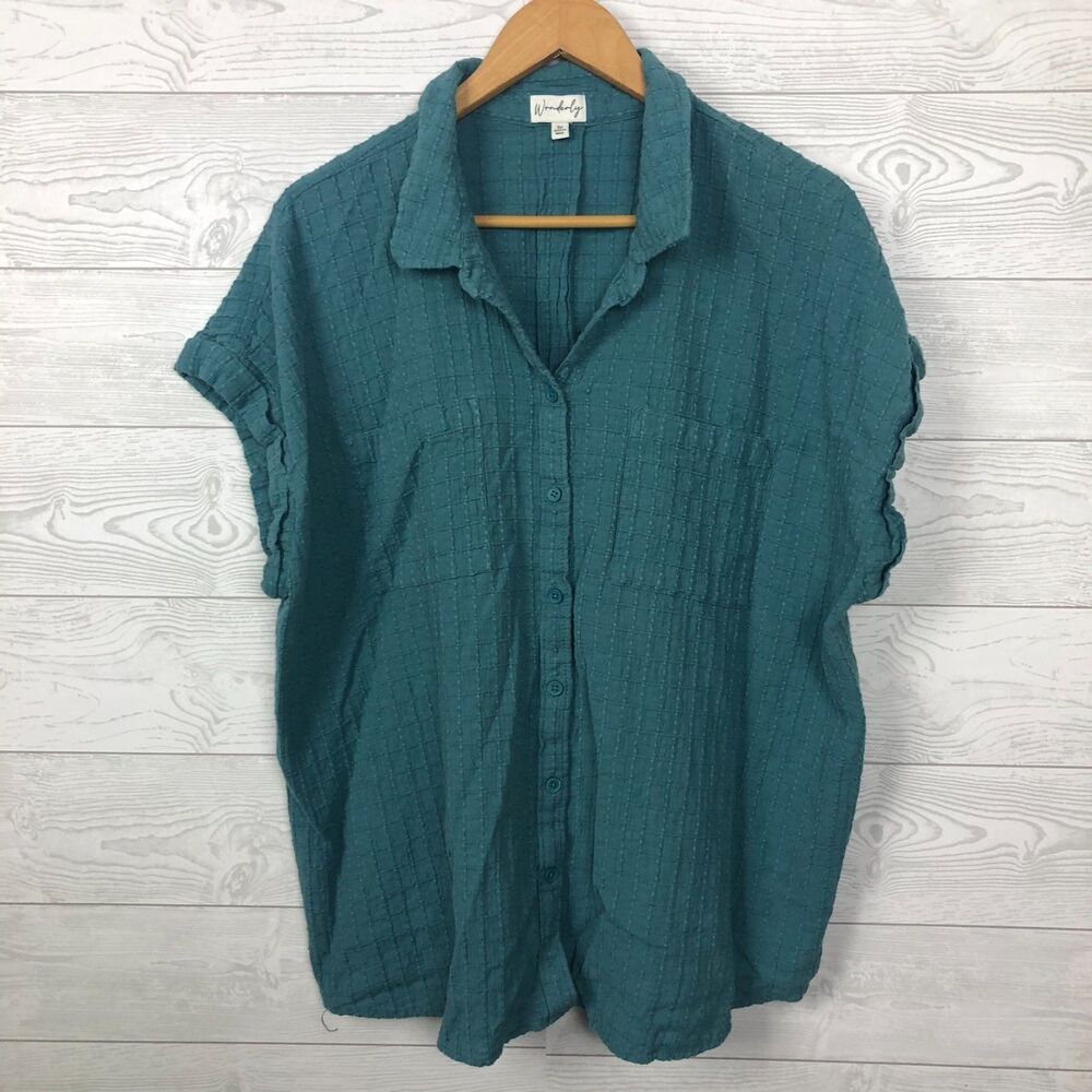 Wonderly Women's 3X Textured Short Sleeve Button Front Shirt Collared Casual